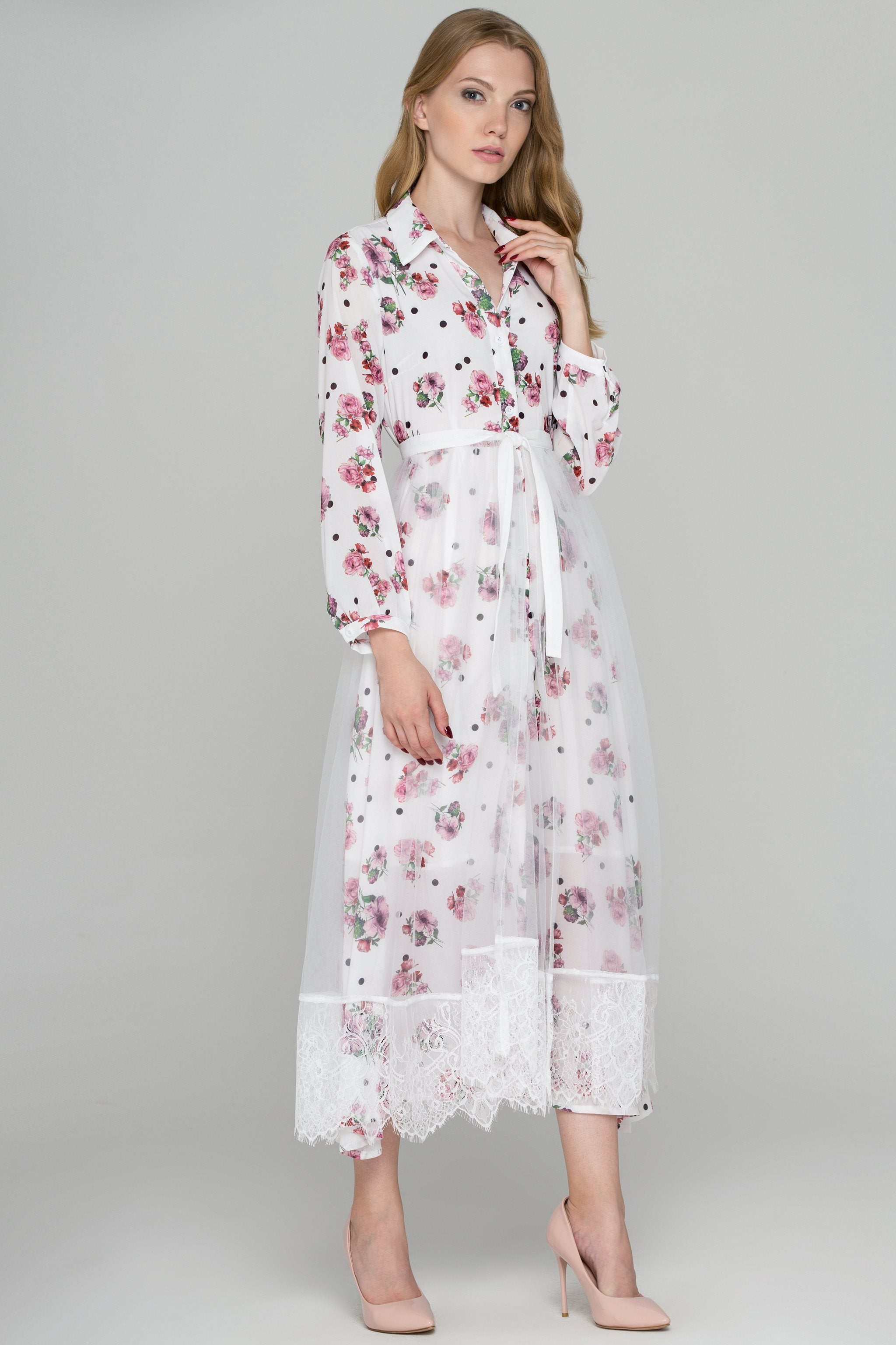 White Floral Dots Tulle Layer Maxi Shirt Dress