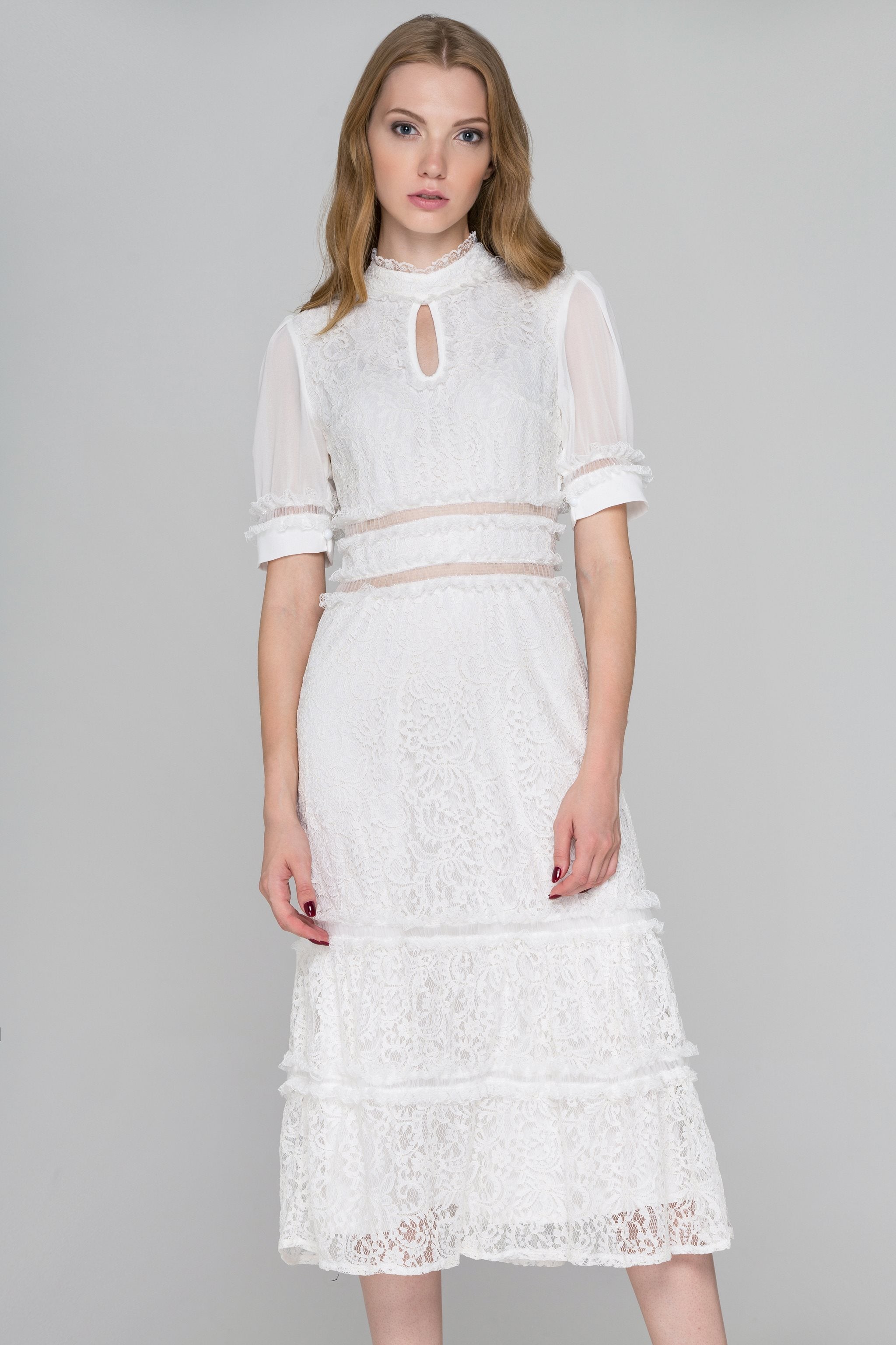 White Lace Ruffle Trim Midi Dress