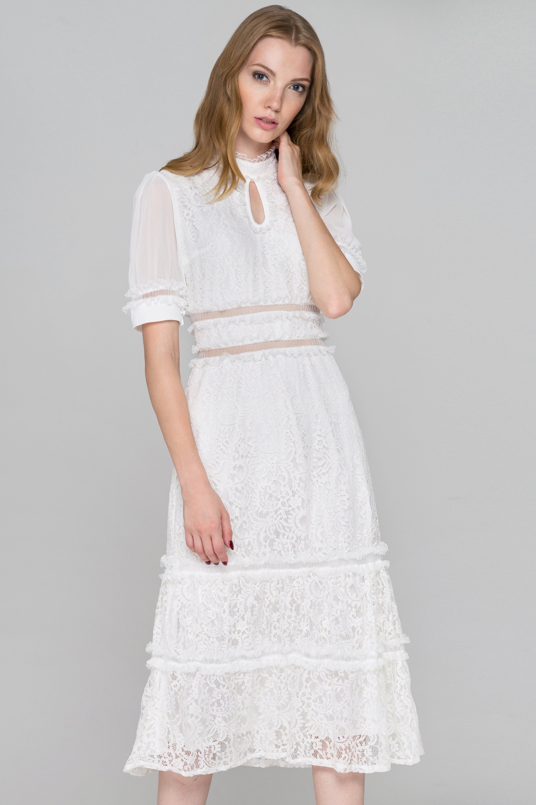 White Lace Ruffle Trim Midi Dress