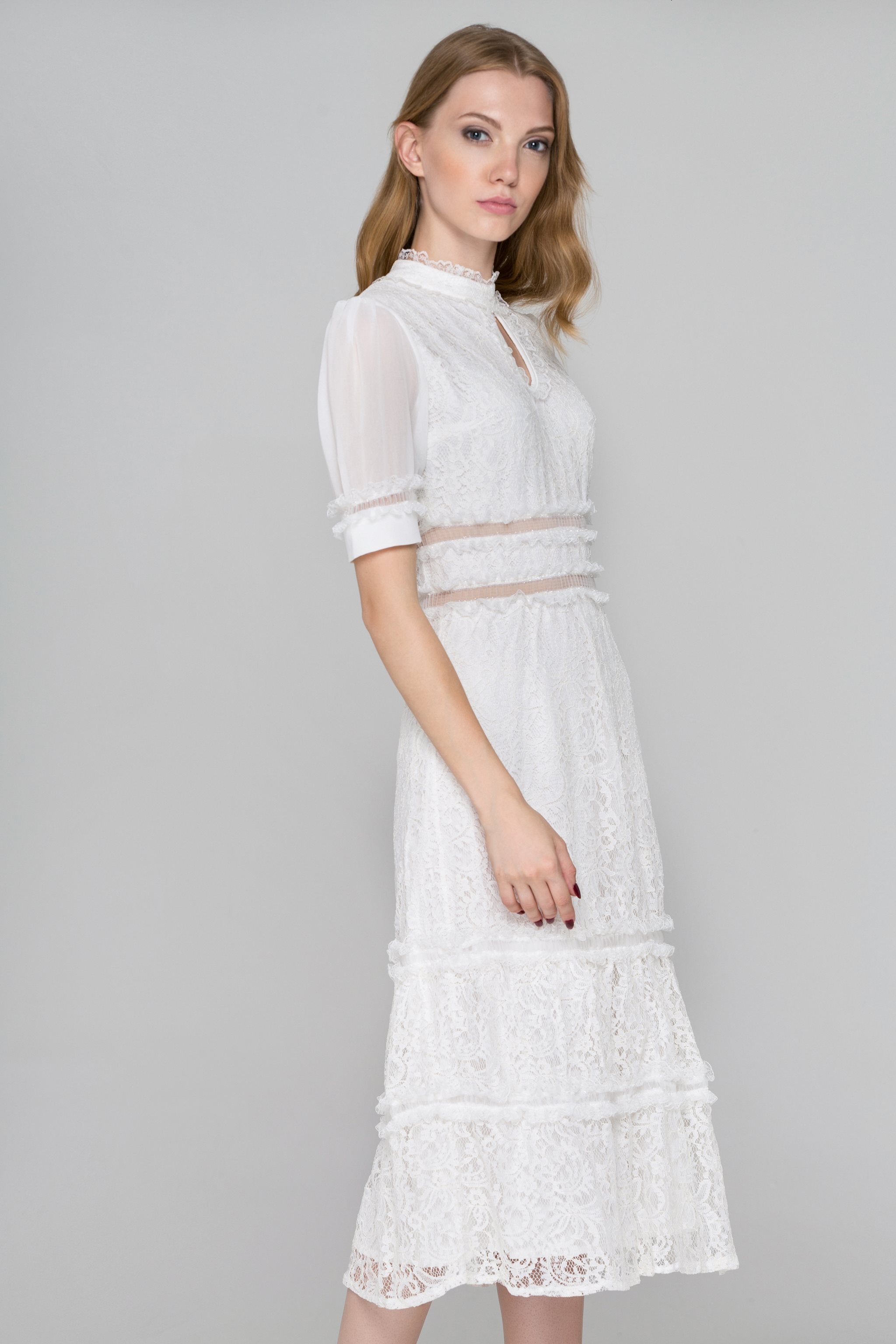 White Lace Ruffle Trim Midi Dress