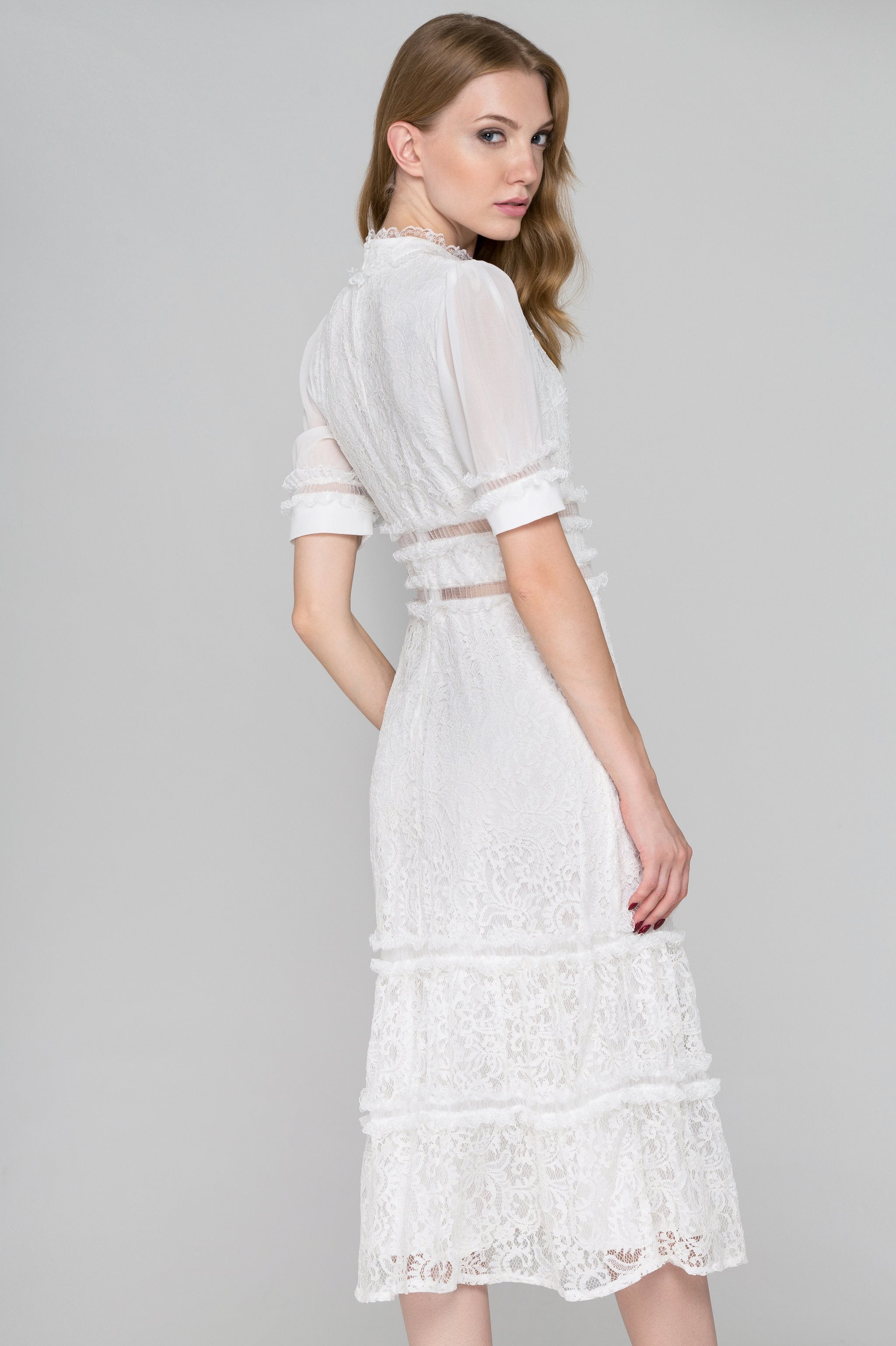 White Lace Ruffle Trim Midi Dress