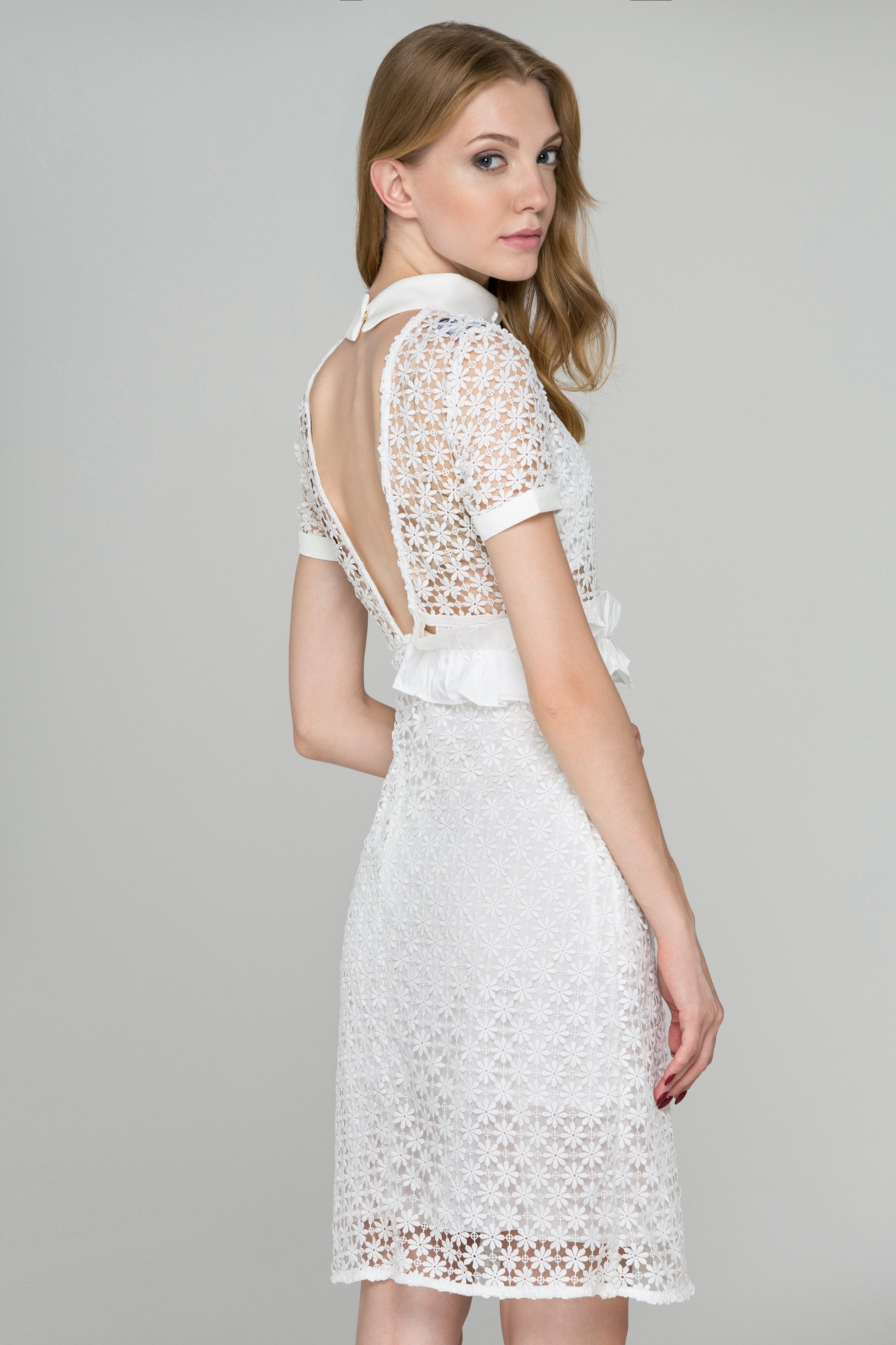 White Lace Side Button Collared Midi Dress