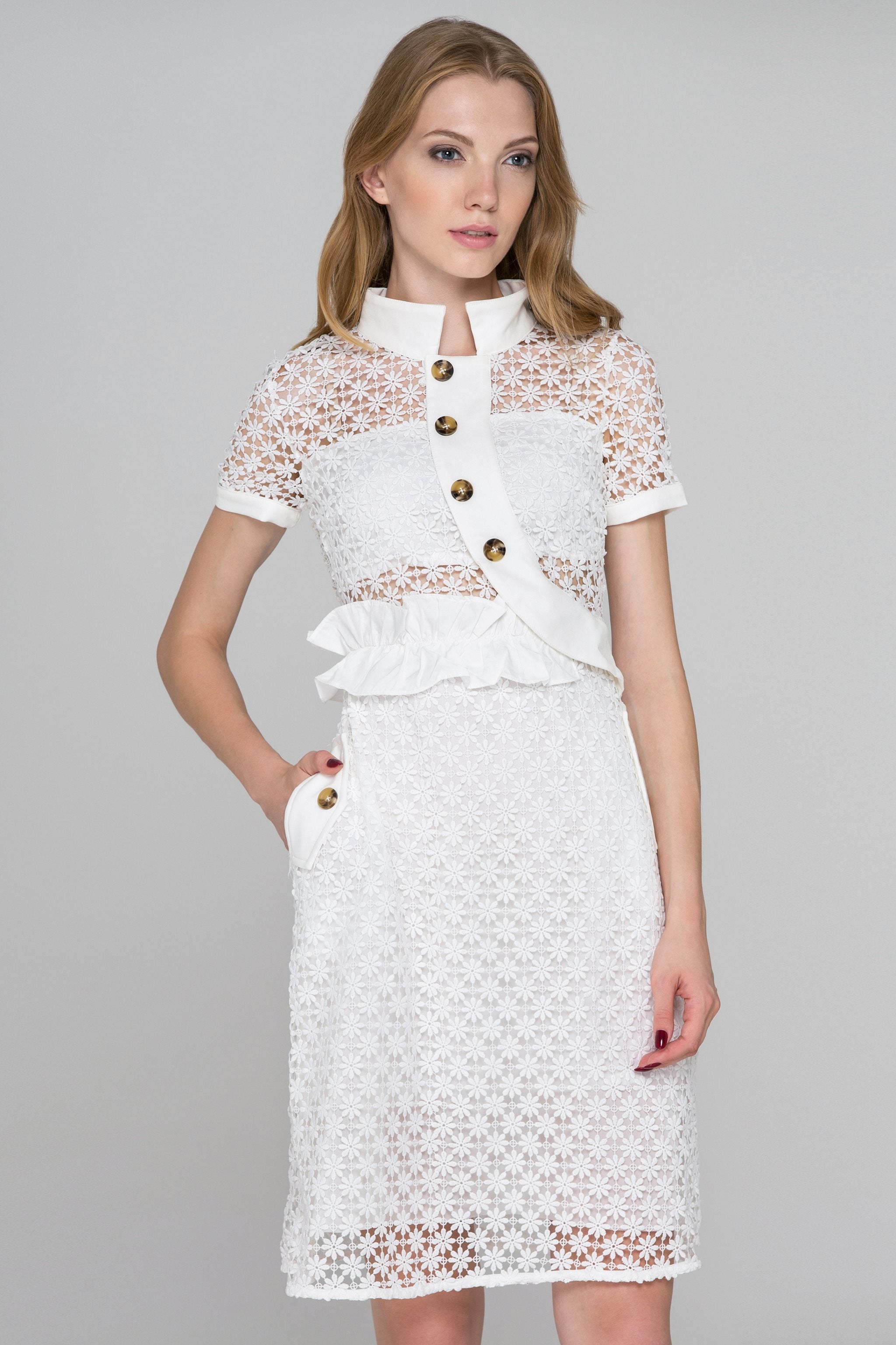 White Lace Side Button Collared Midi Dress