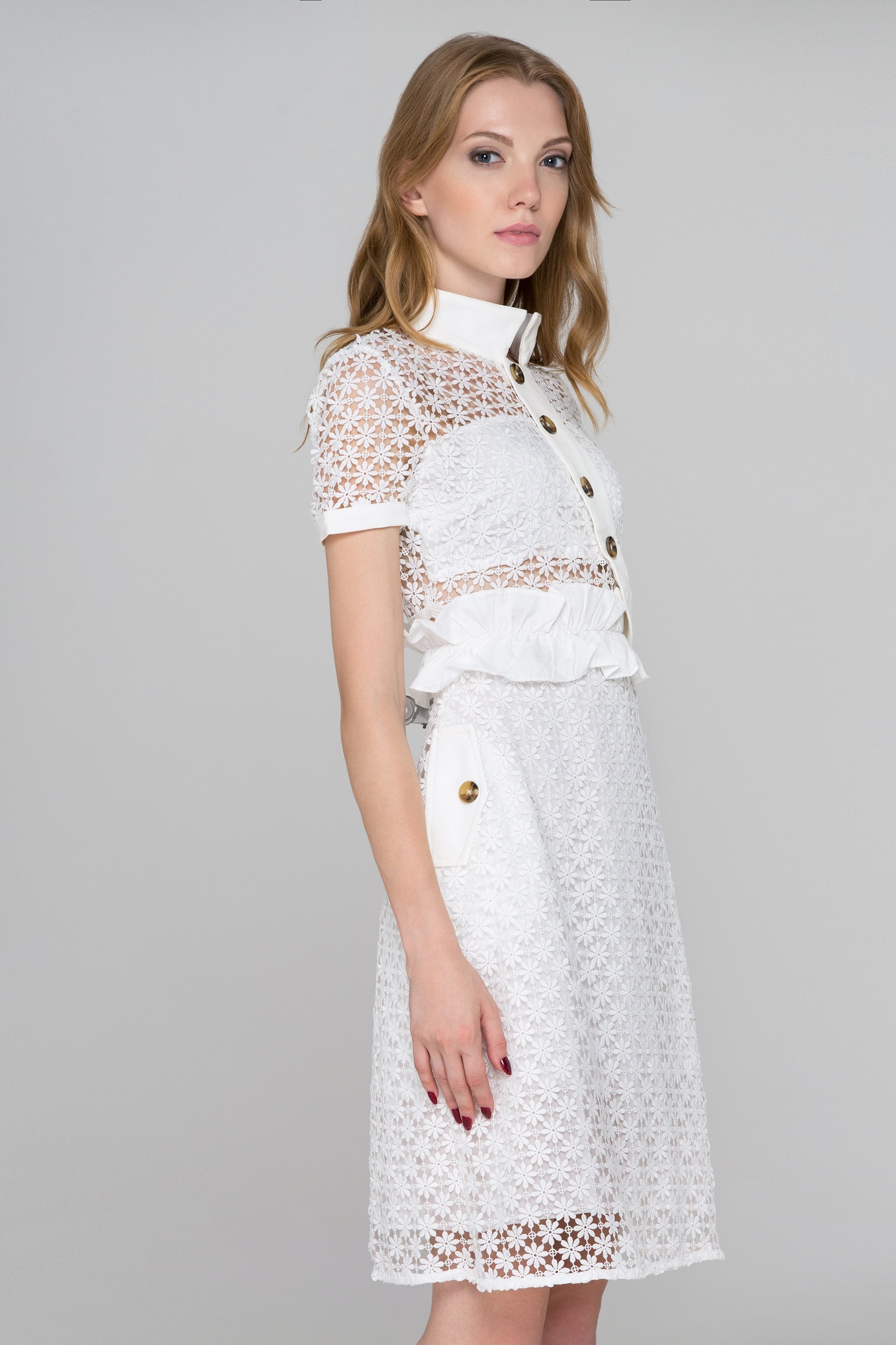 White Lace Side Button Collared Midi Dress