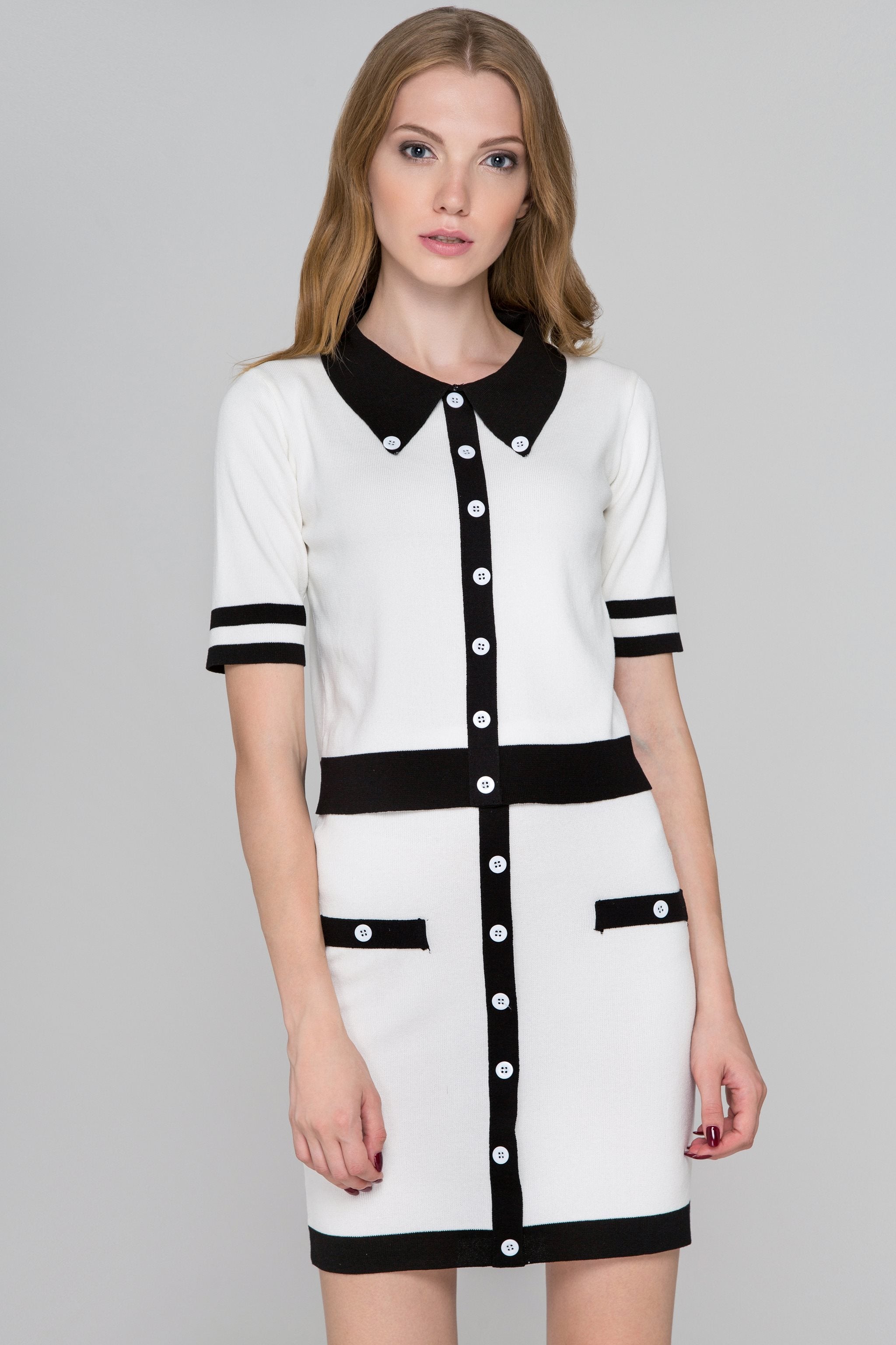 White and Black Trim Knit Two Piece Dress