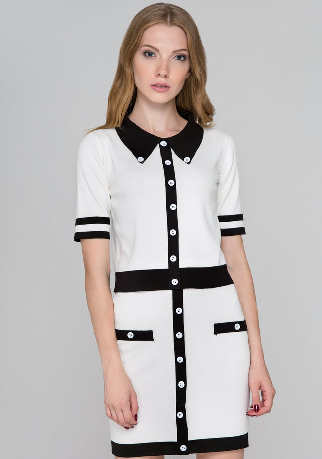 White and Black Trim Knit Two Piece Dress
