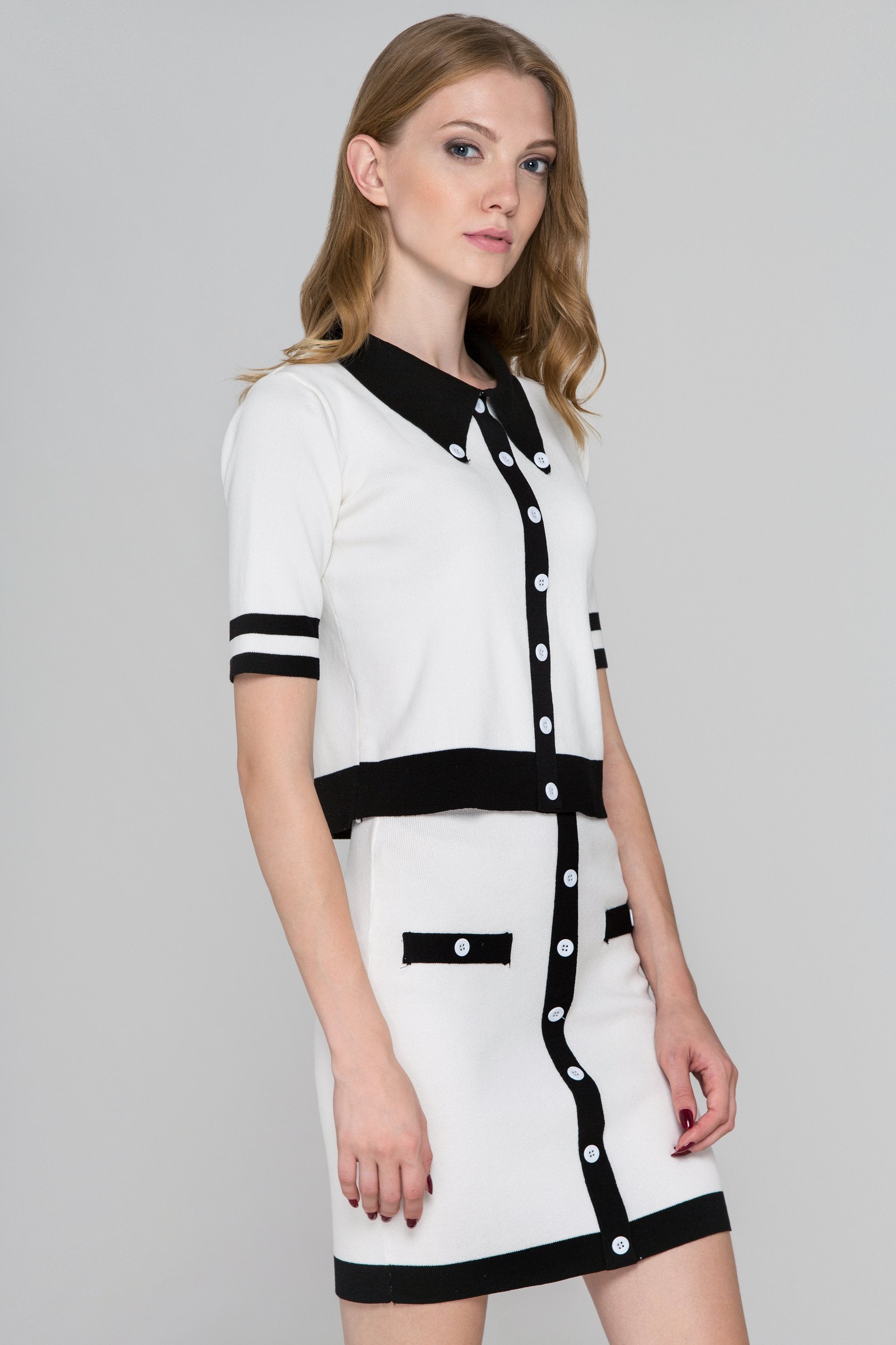 White and Black Trim Knit Two Piece Dress