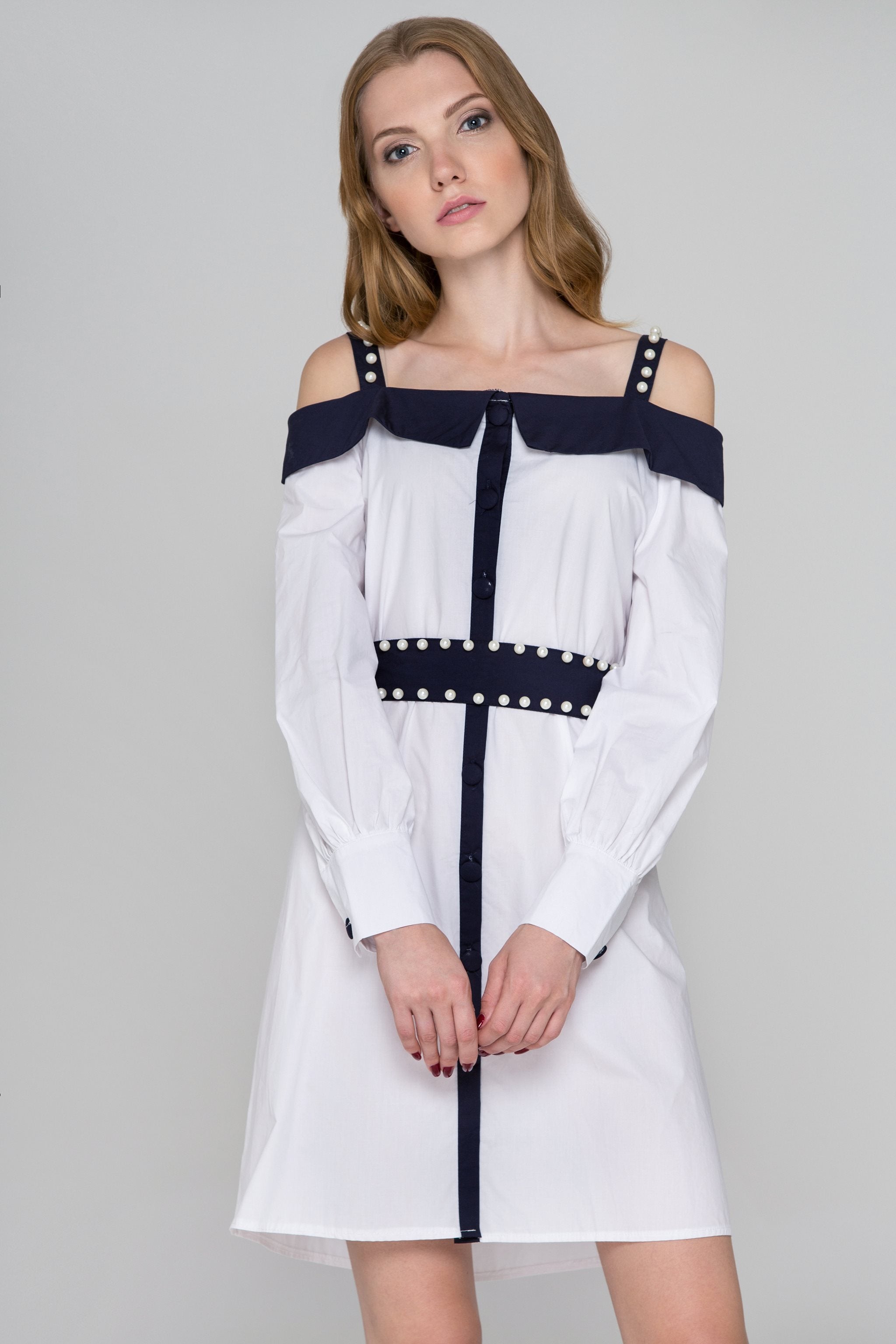 White and Blue Trim with Pearls Cold Shoulder Midi Dress
