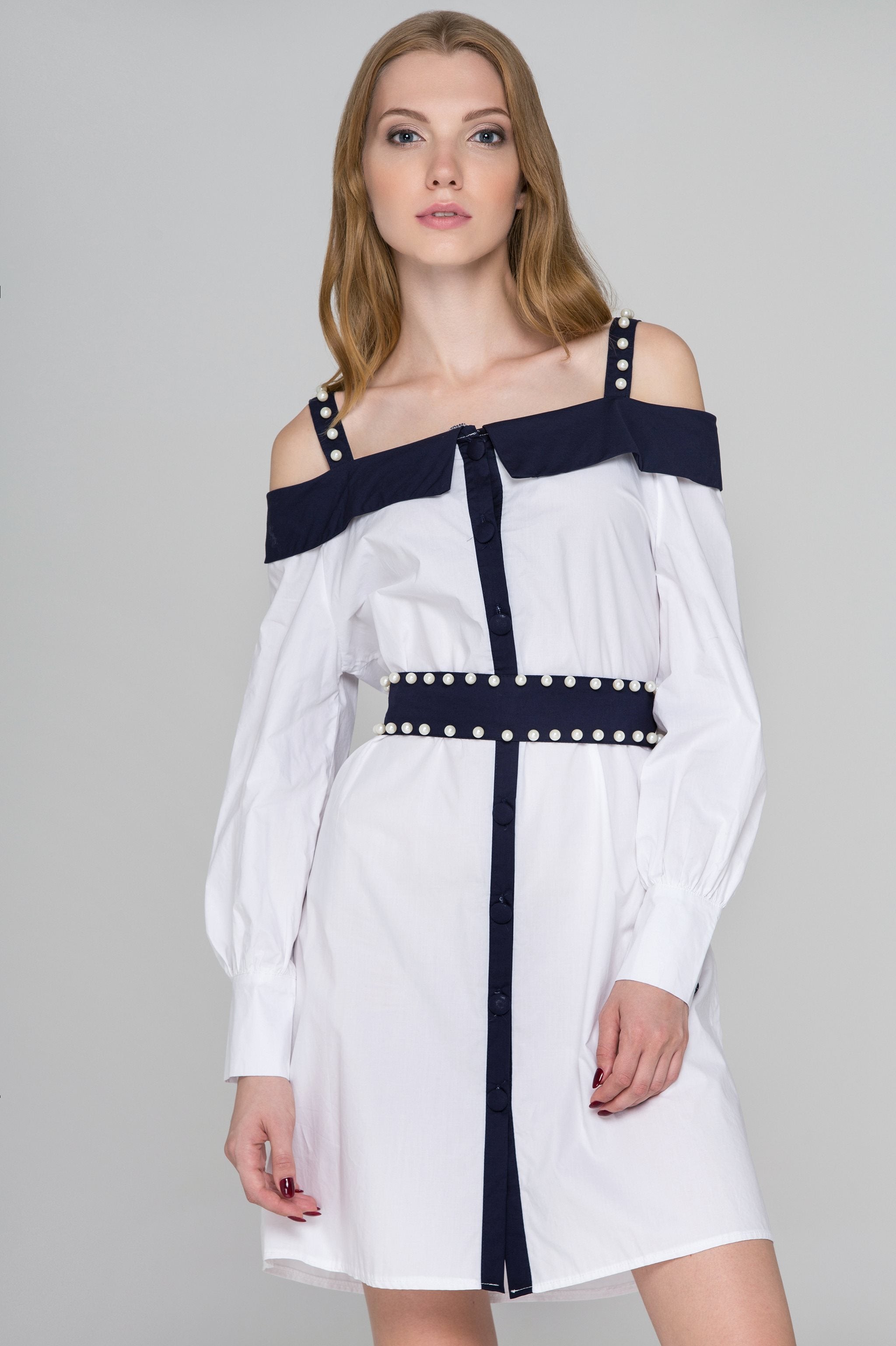 White and Blue Trim with Pearls Cold Shoulder Midi Dress