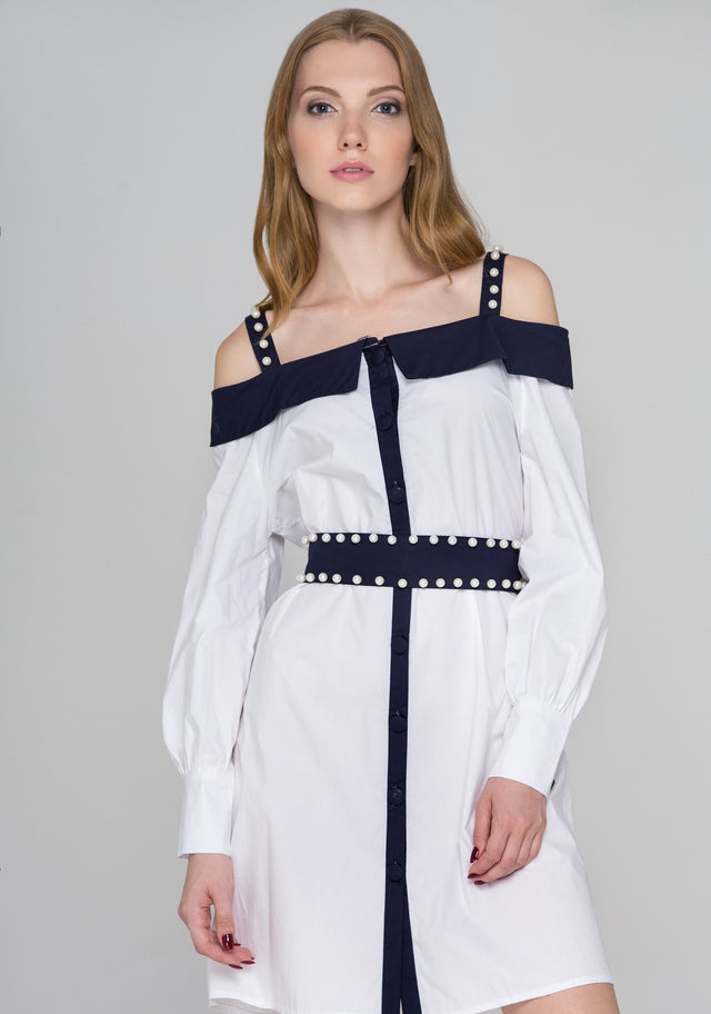 White and Blue Trim with Pearls Cold Shoulder Midi Dress