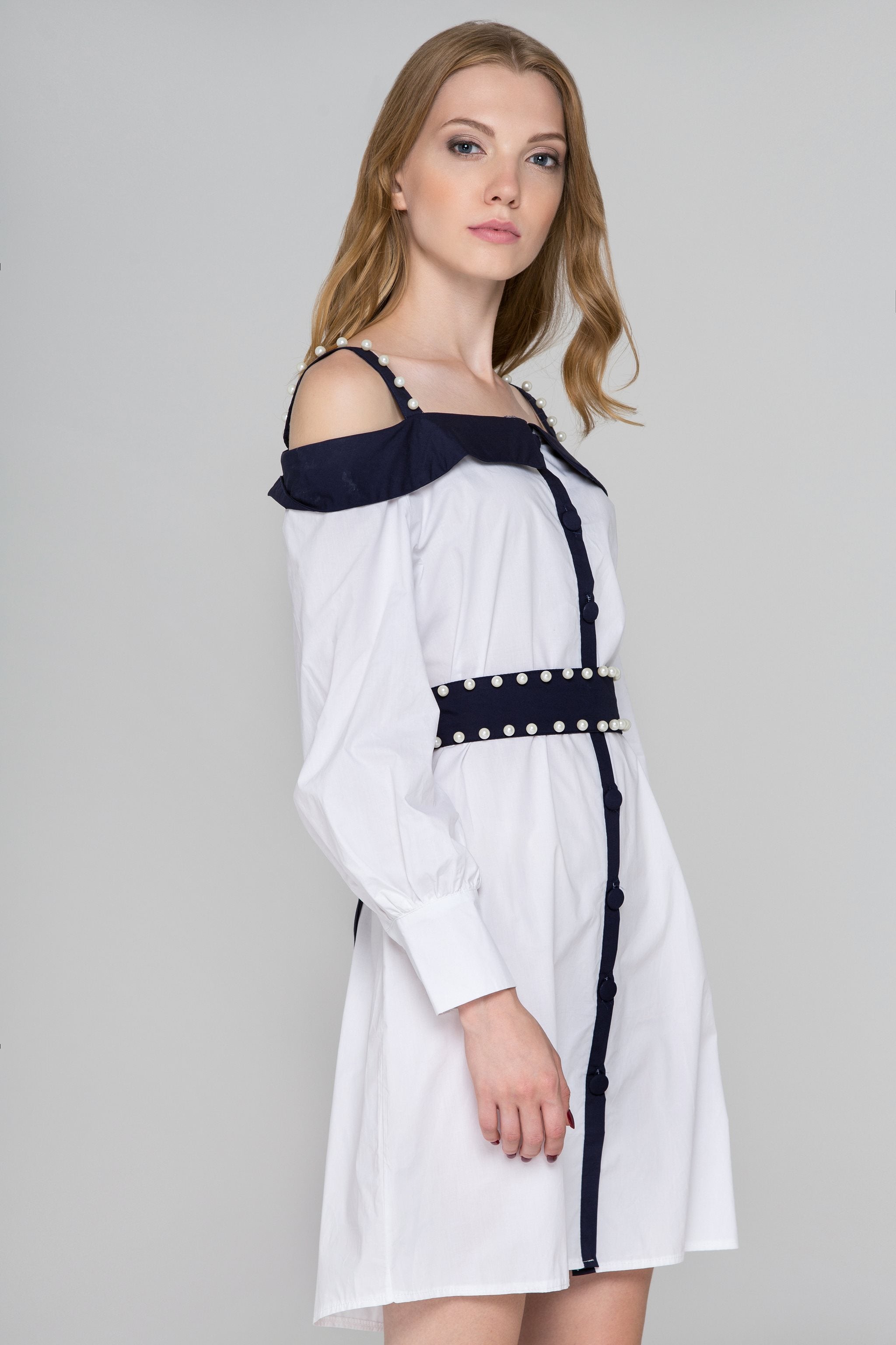 White and Blue Trim with Pearls Cold Shoulder Midi Dress