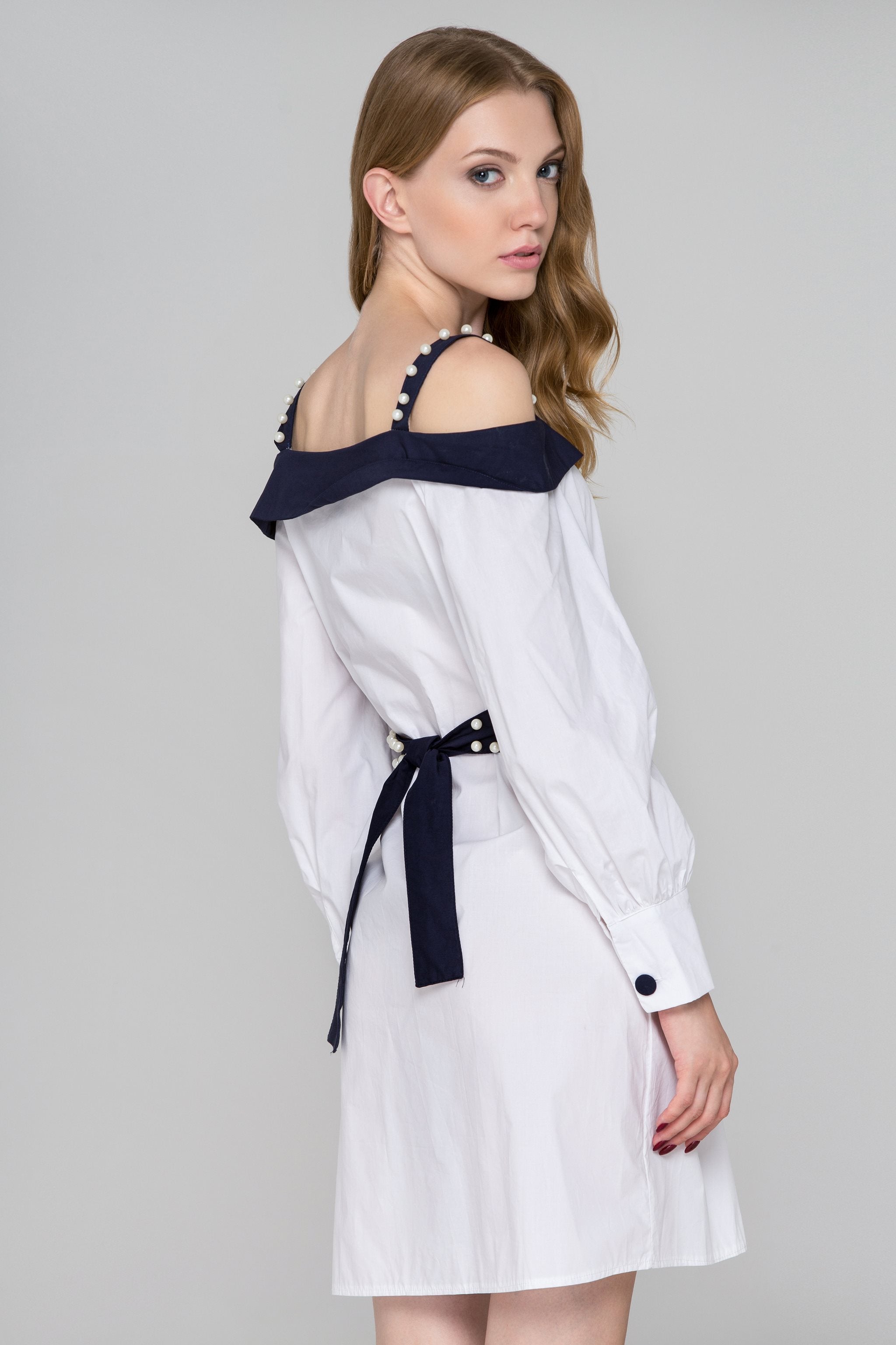 White and Blue Trim with Pearls Cold Shoulder Midi Dress