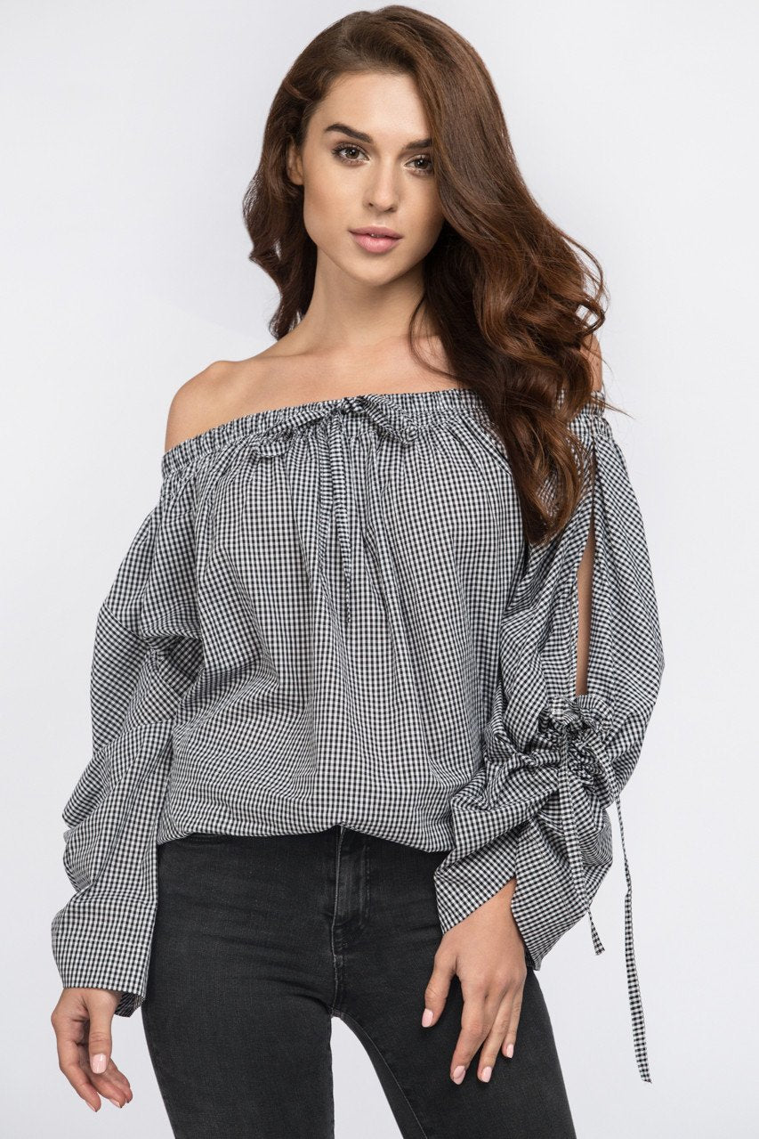 Black Gingham Off the Shoulder Top