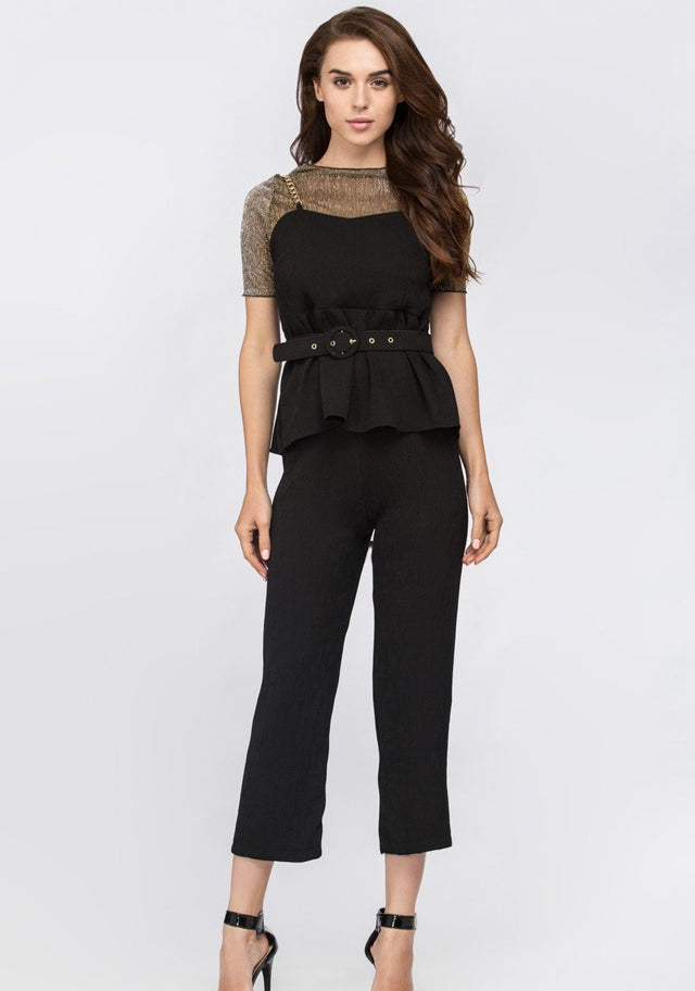 Black Metal Three Piece Peplum Jumpsuit with belt