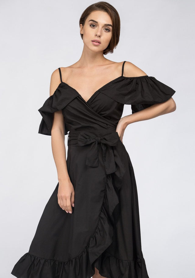 Black Ruffle off the Shoulder Midi Dress