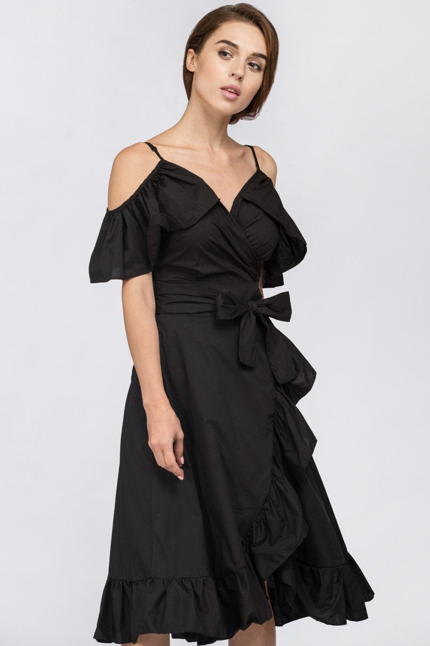 Black Ruffle off the Shoulder Midi Dress