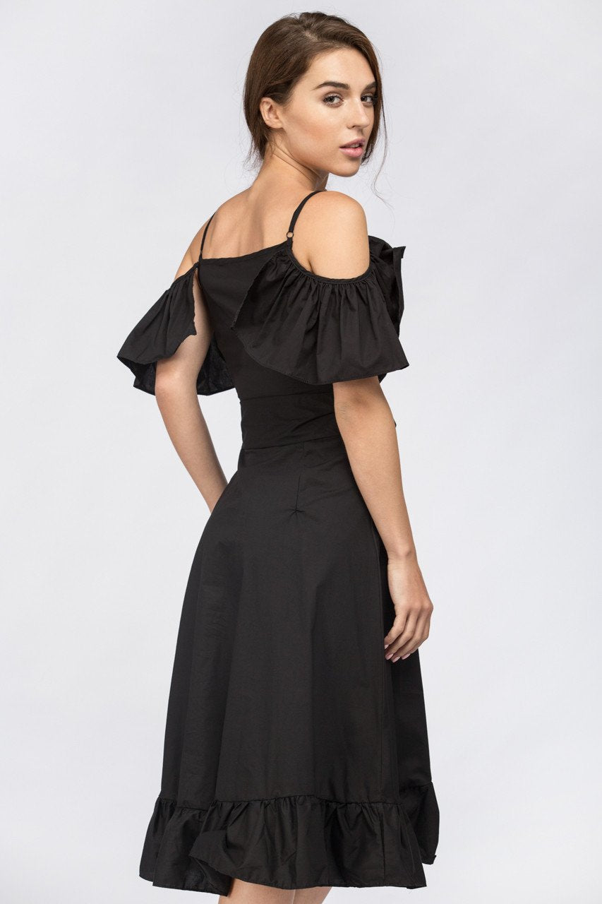 Black Ruffle off the Shoulder Midi Dress