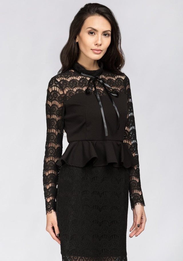 Black Yoke Lace Peplum Mini Dress