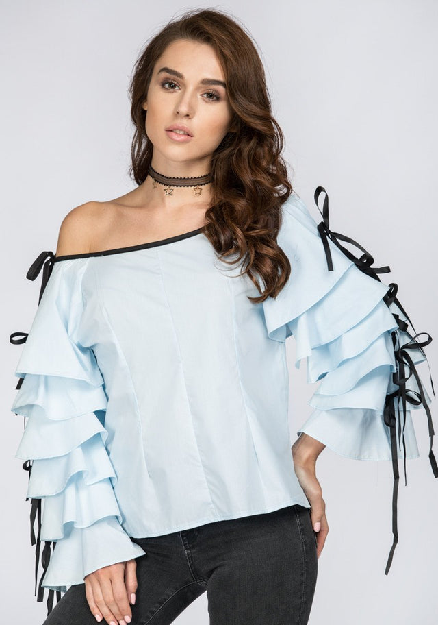 Blue Tiered Ruffle Sleeve Off the Shoulder Top