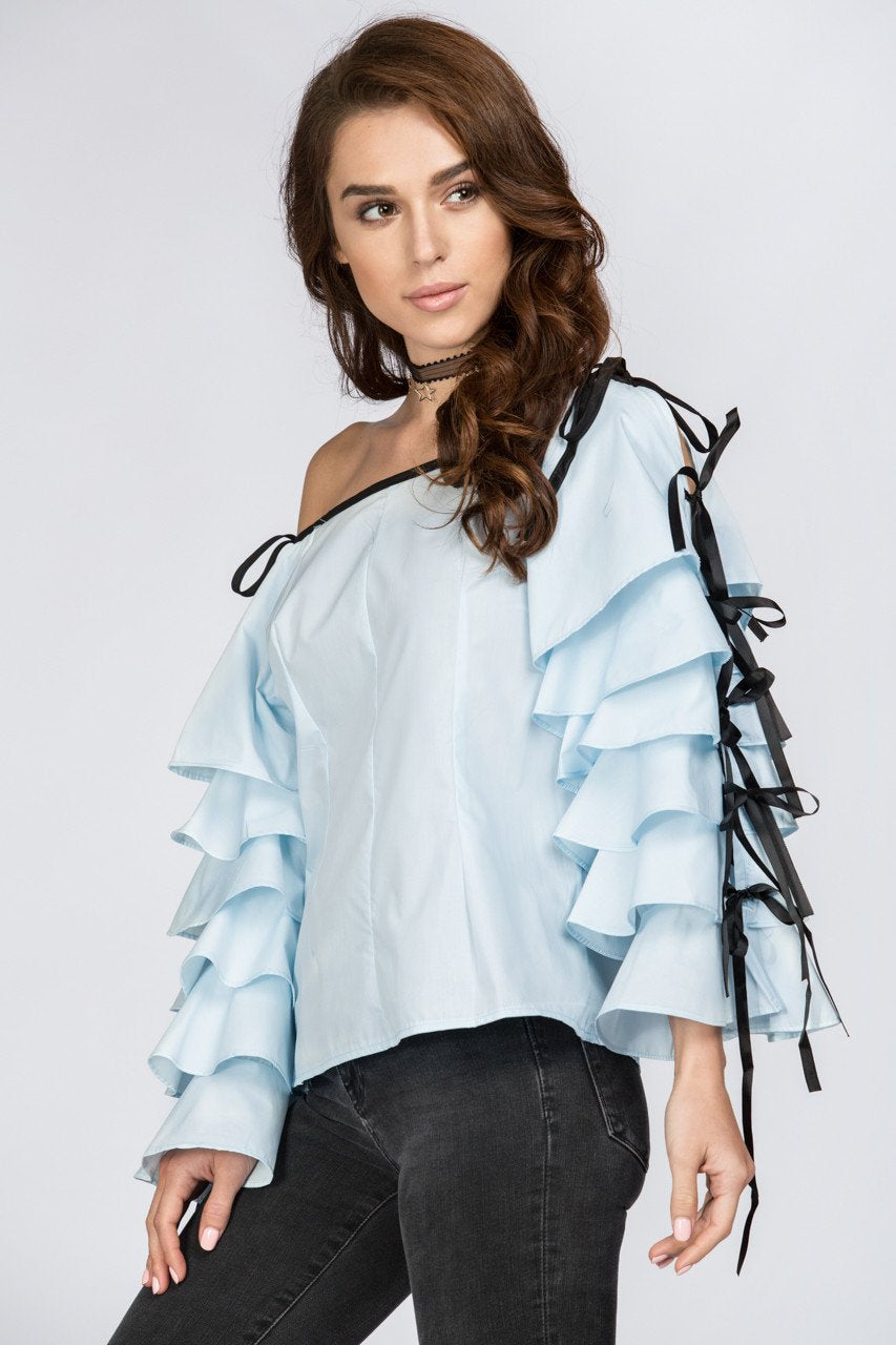 Blue Tiered Ruffle Sleeve Off the Shoulder Top