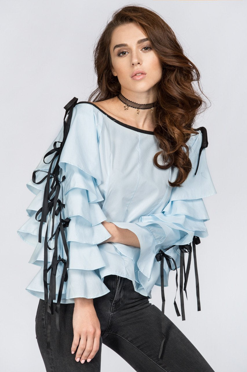 Blue Tiered Ruffle Sleeve Off the Shoulder Top