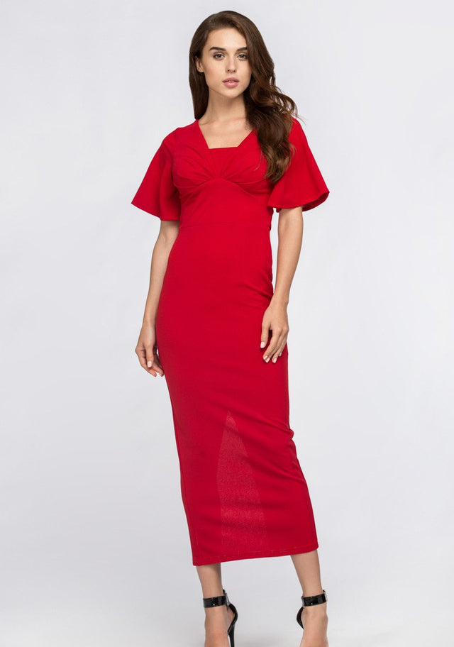 Red Butterfly Sleeve Column Maxi Dress