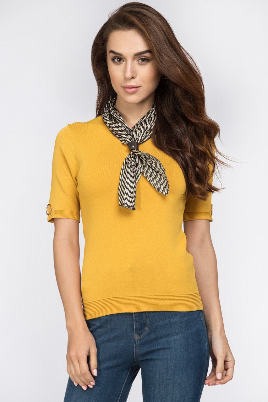 Mustard Scarf Detail Ribbed Hem Top