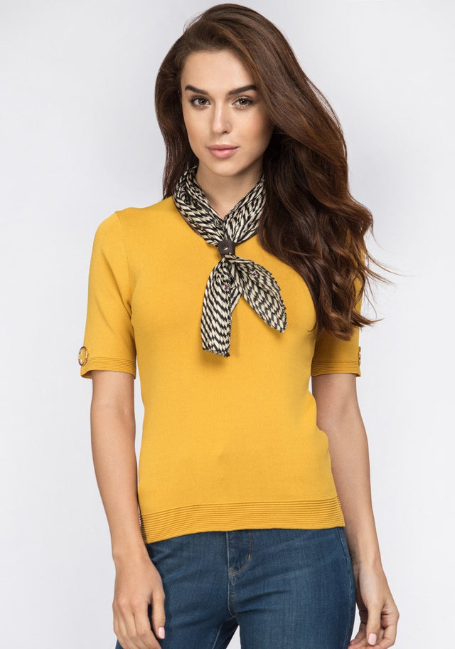 Mustard Scarf Detail Ribbed Hem Top