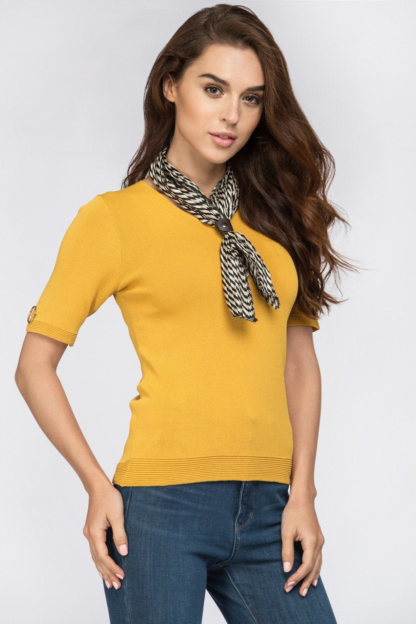 Mustard Scarf Detail Ribbed Hem Top