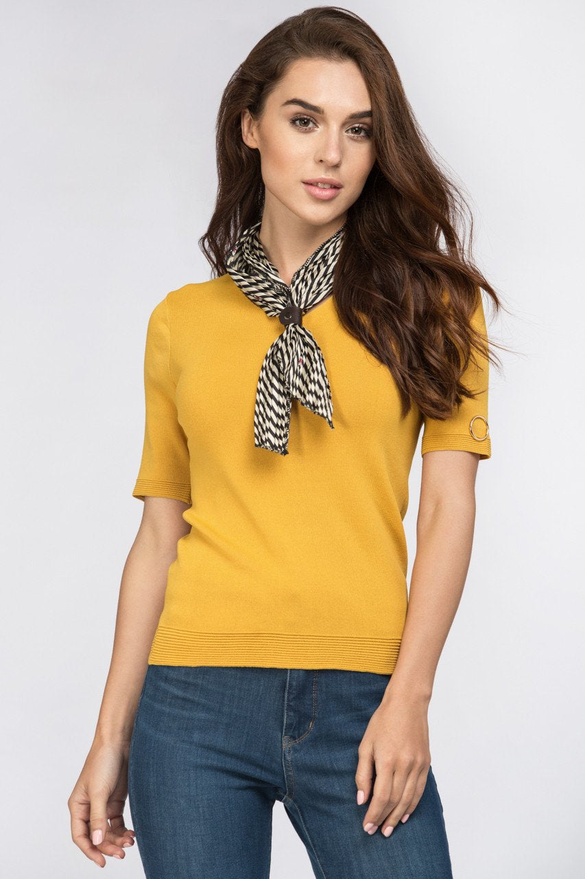 Mustard Scarf Detail Ribbed Hem Top