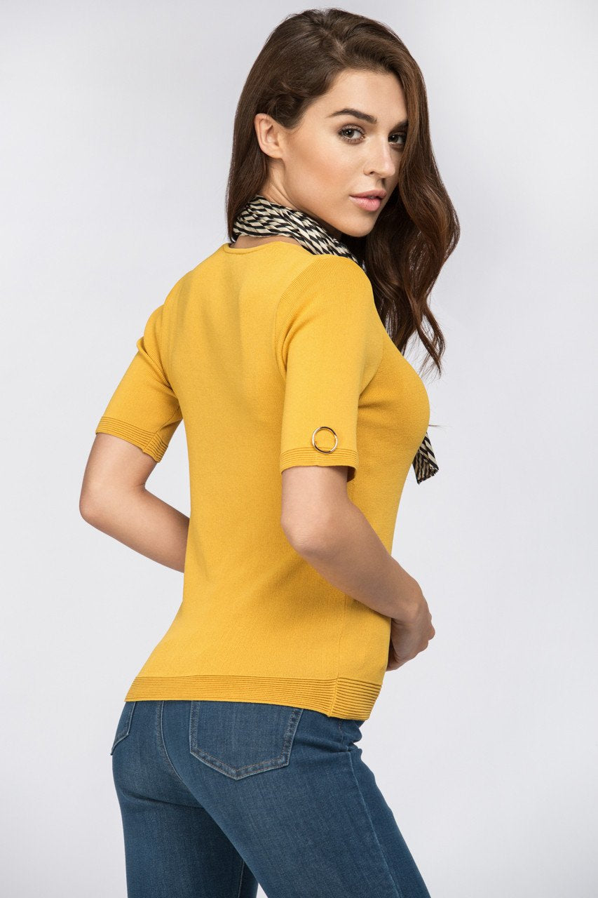 Mustard Scarf Detail Ribbed Hem Top