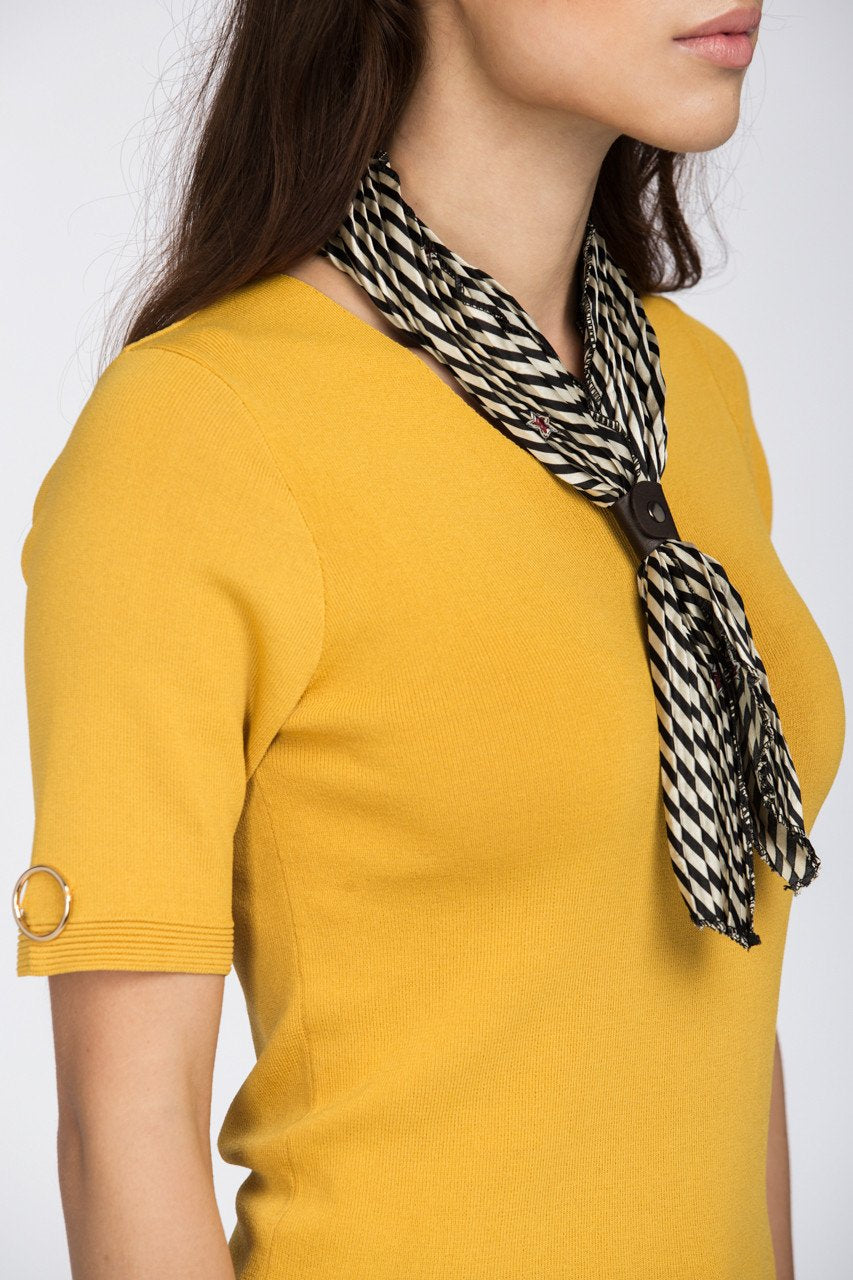 Mustard Scarf Detail Ribbed Hem Top