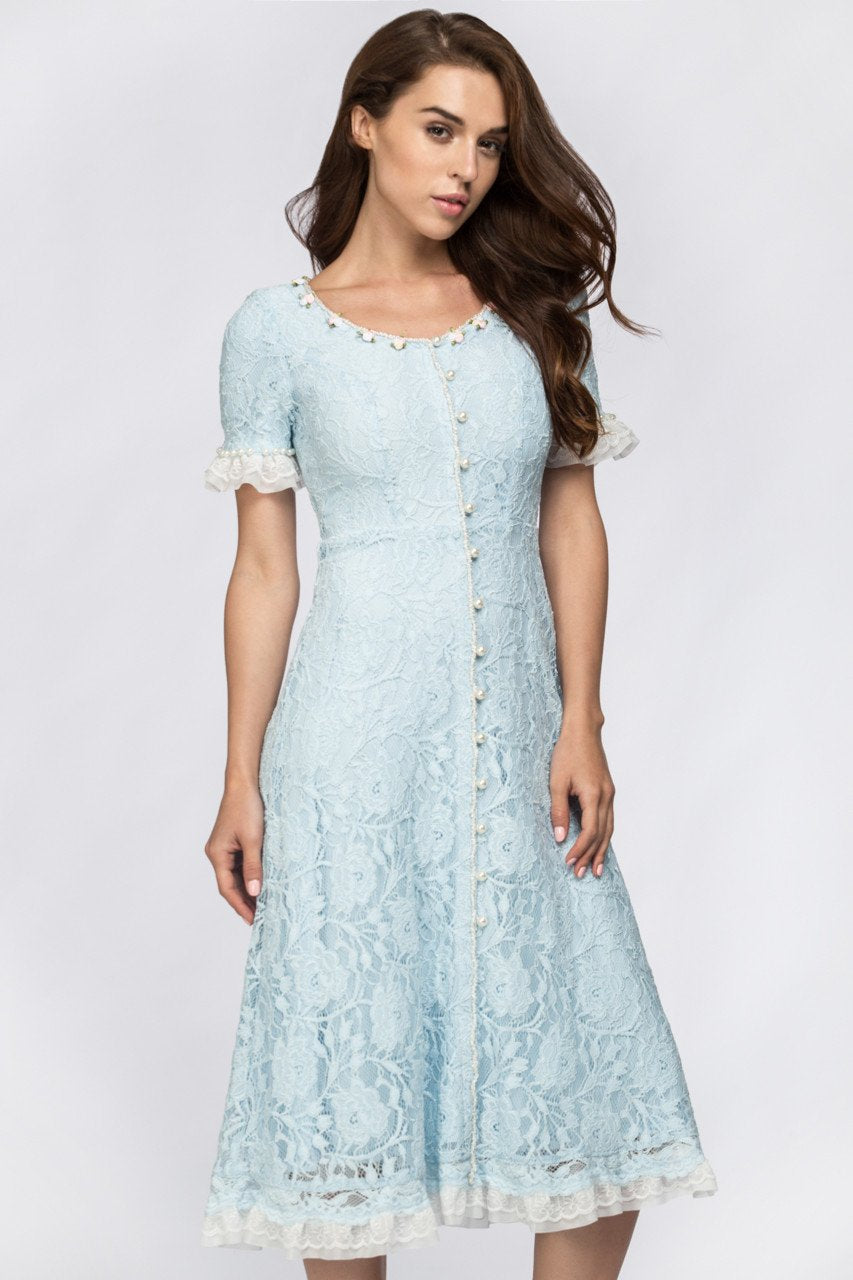Enchanted Blue Embroidered Princess Midi Dress