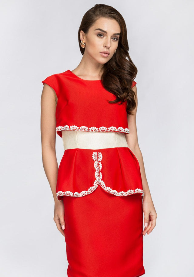 Red Crop Top Illusion White Jewel Trim Peplum Midi Dress