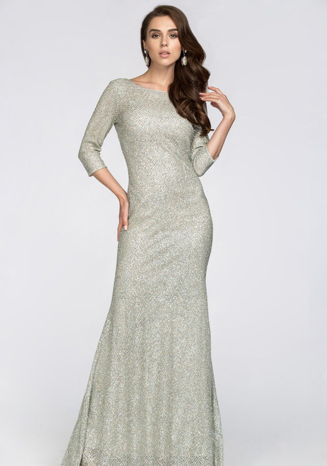 Silver Embellished Sleeved Sheath Gown