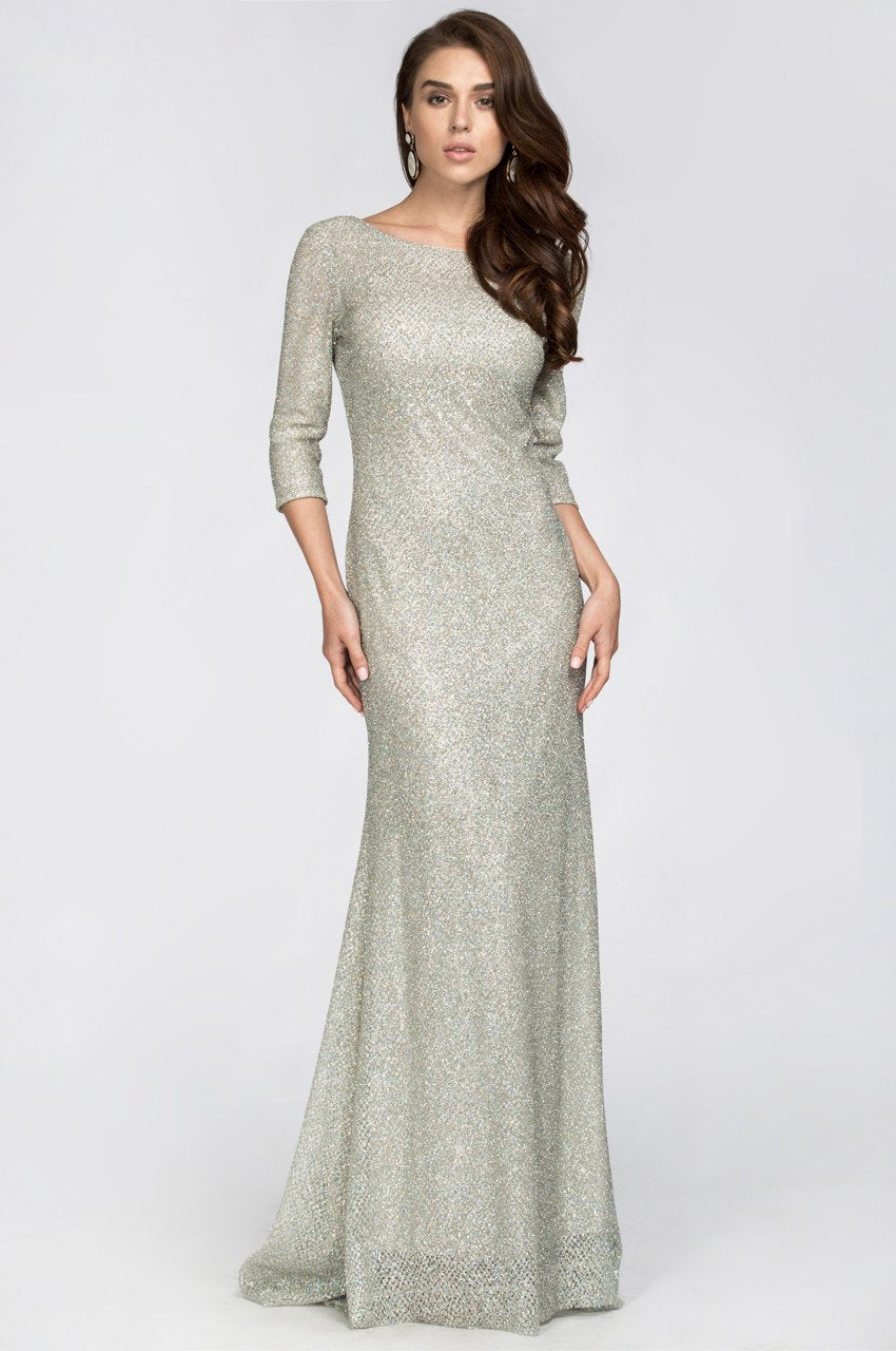 Silver Embellished Sleeved Sheath Gown