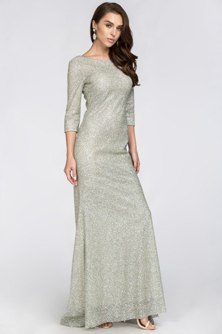 Silver Embellished Sleeved Sheath Gown
