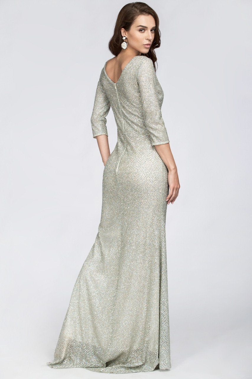 Silver Embellished Sleeved Sheath Gown