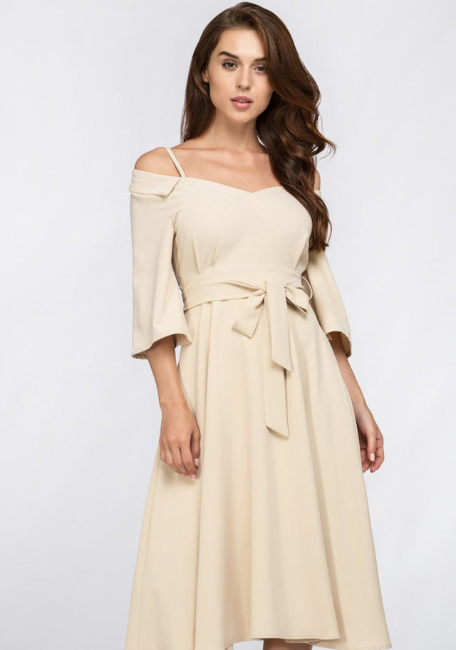 Cream Off Shoulder Chelsea Collar Midi Dress