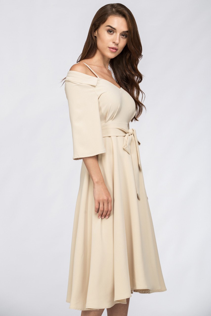 Cream Off Shoulder Chelsea Collar Midi Dress