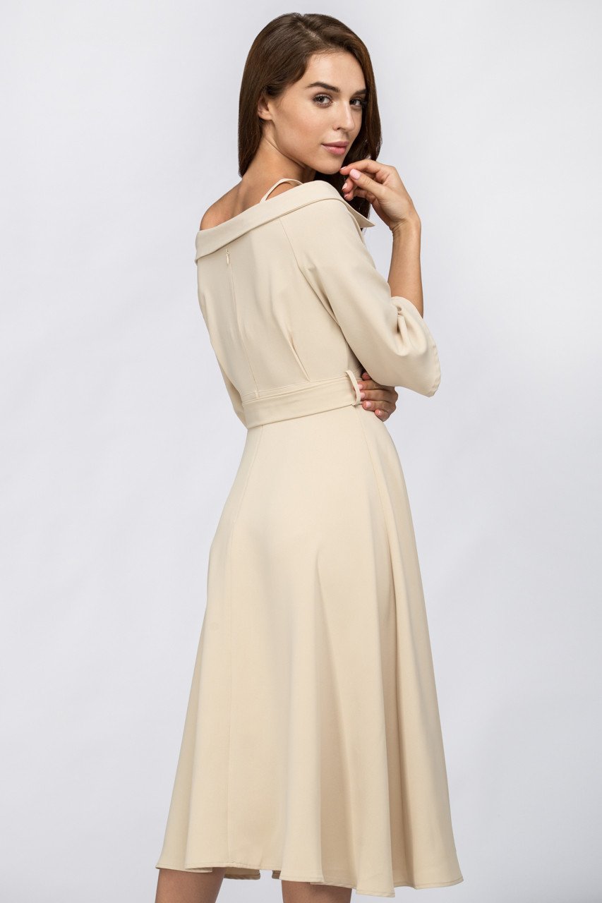 Cream Off Shoulder Chelsea Collar Midi Dress