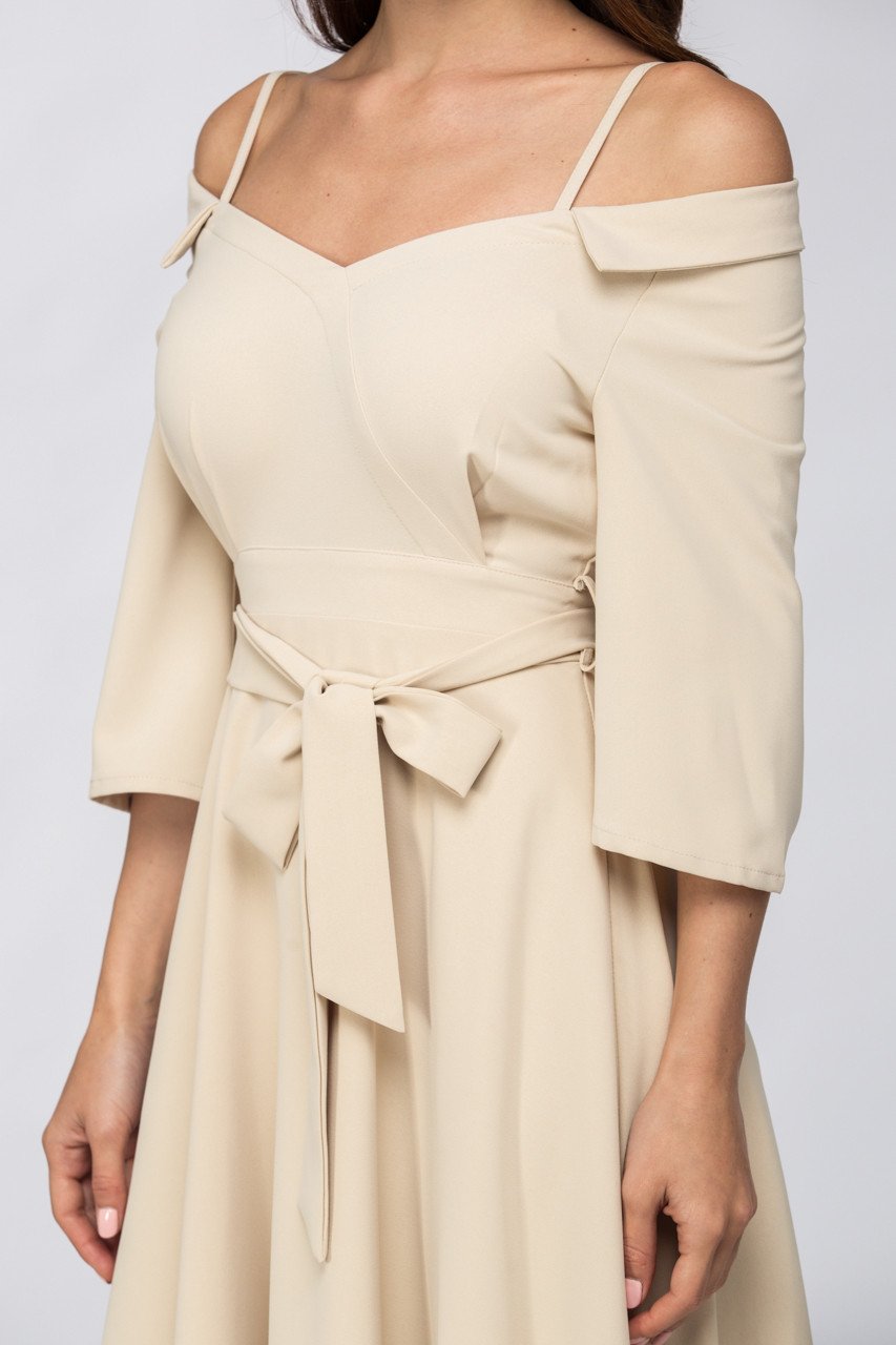 Cream Off Shoulder Chelsea Collar Midi Dress