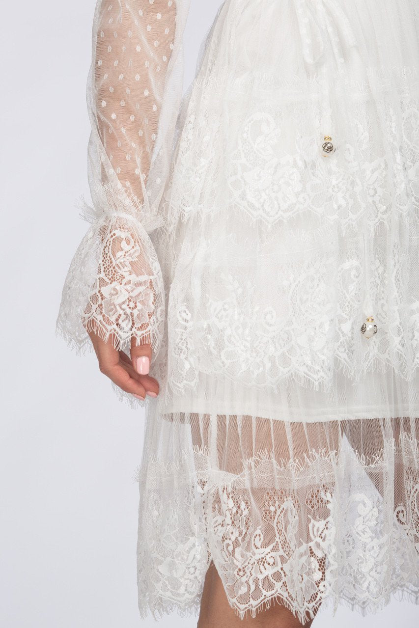 White Sheer Lace Scalloped Two-piece Midi Dress