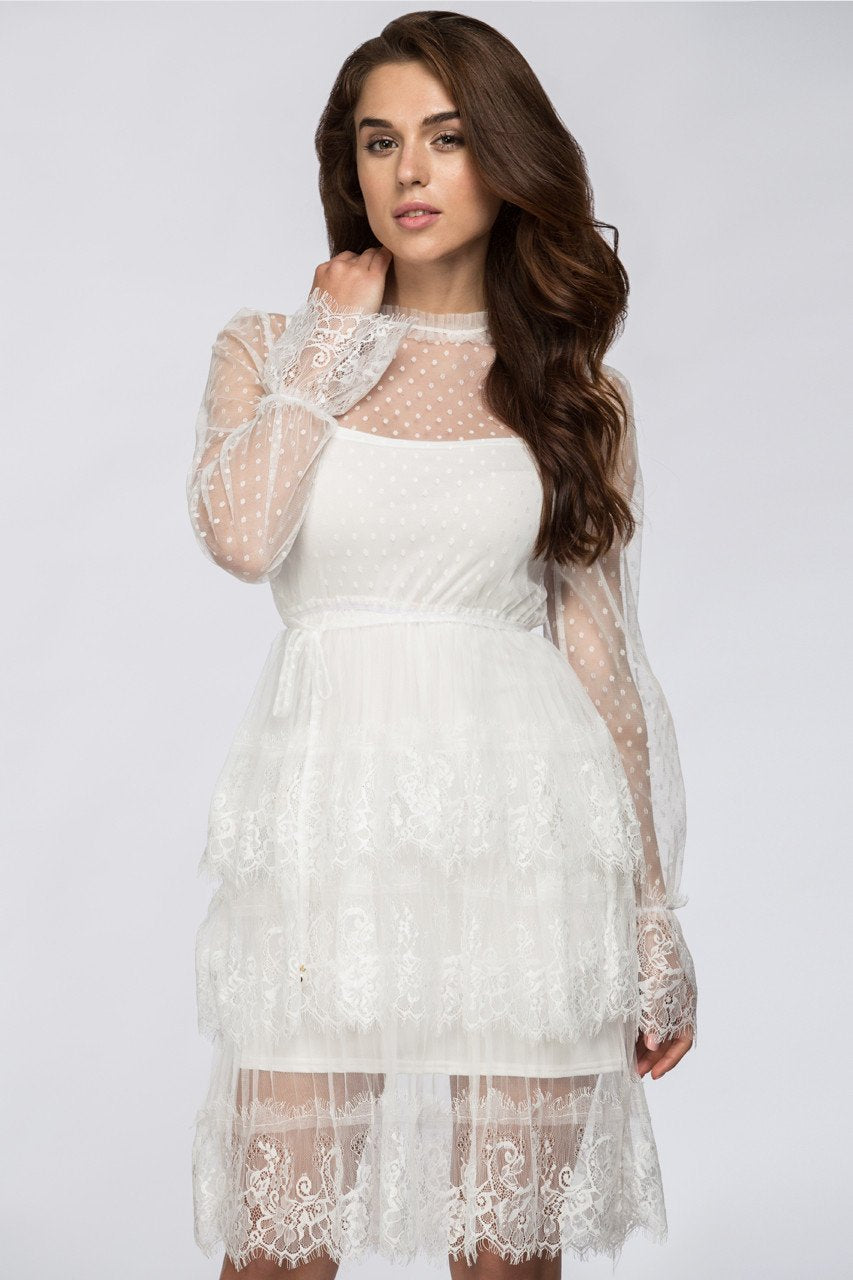 White Sheer Lace Scalloped Two-piece Midi Dress