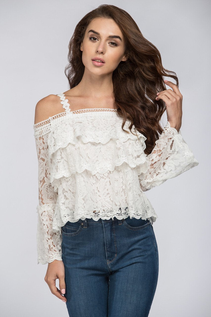 White Tiered Lace Off the Shoulder Top