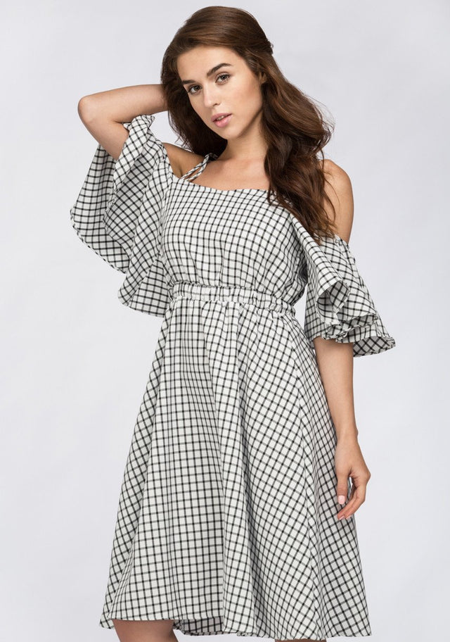 Deema Al Asadi - Window Plaid Off the Shoulder Midi Dress