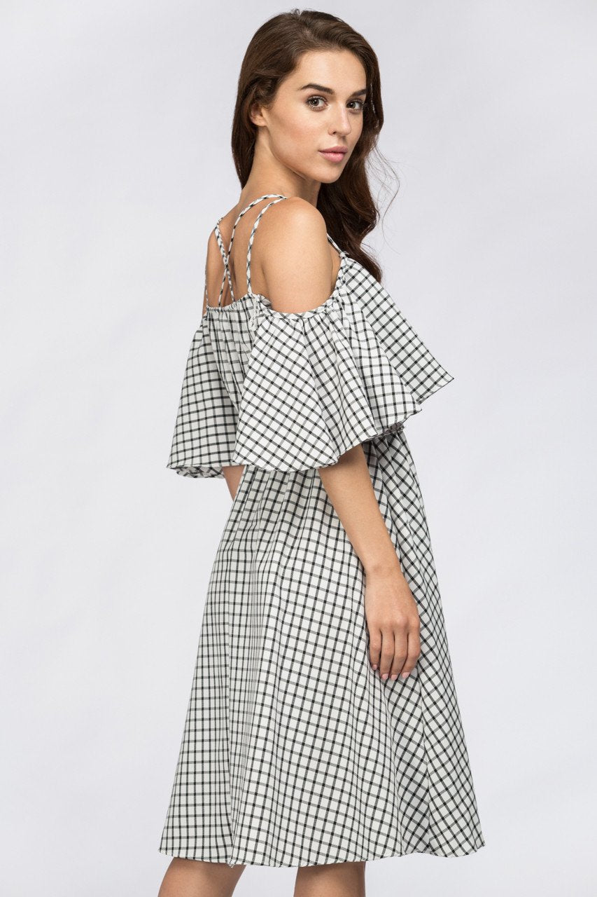 Deema Al Asadi - Window Plaid Off the Shoulder Midi Dress