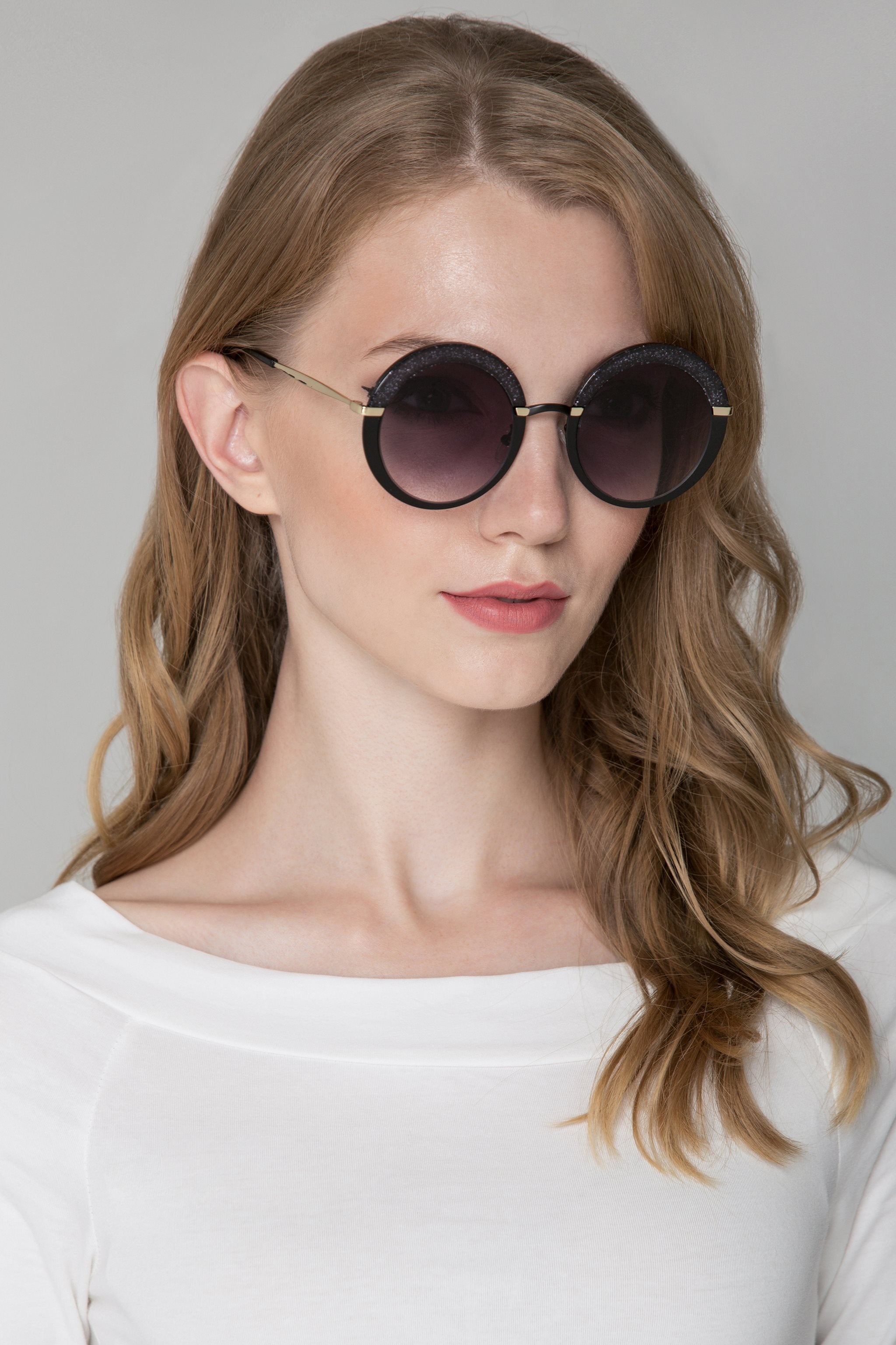 Black Glitter Top Rim Round Sunglasses