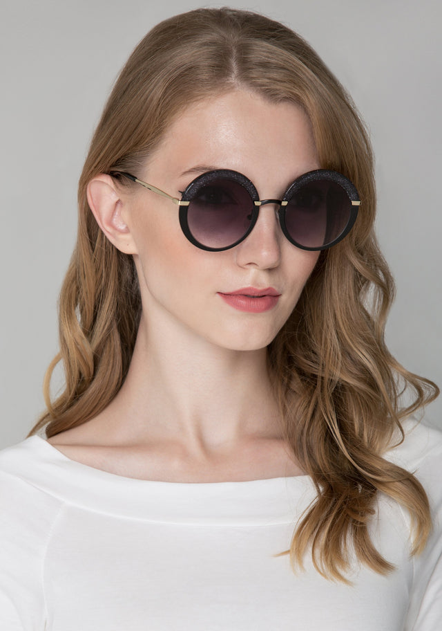 Black Glitter Top Rim Round Sunglasses