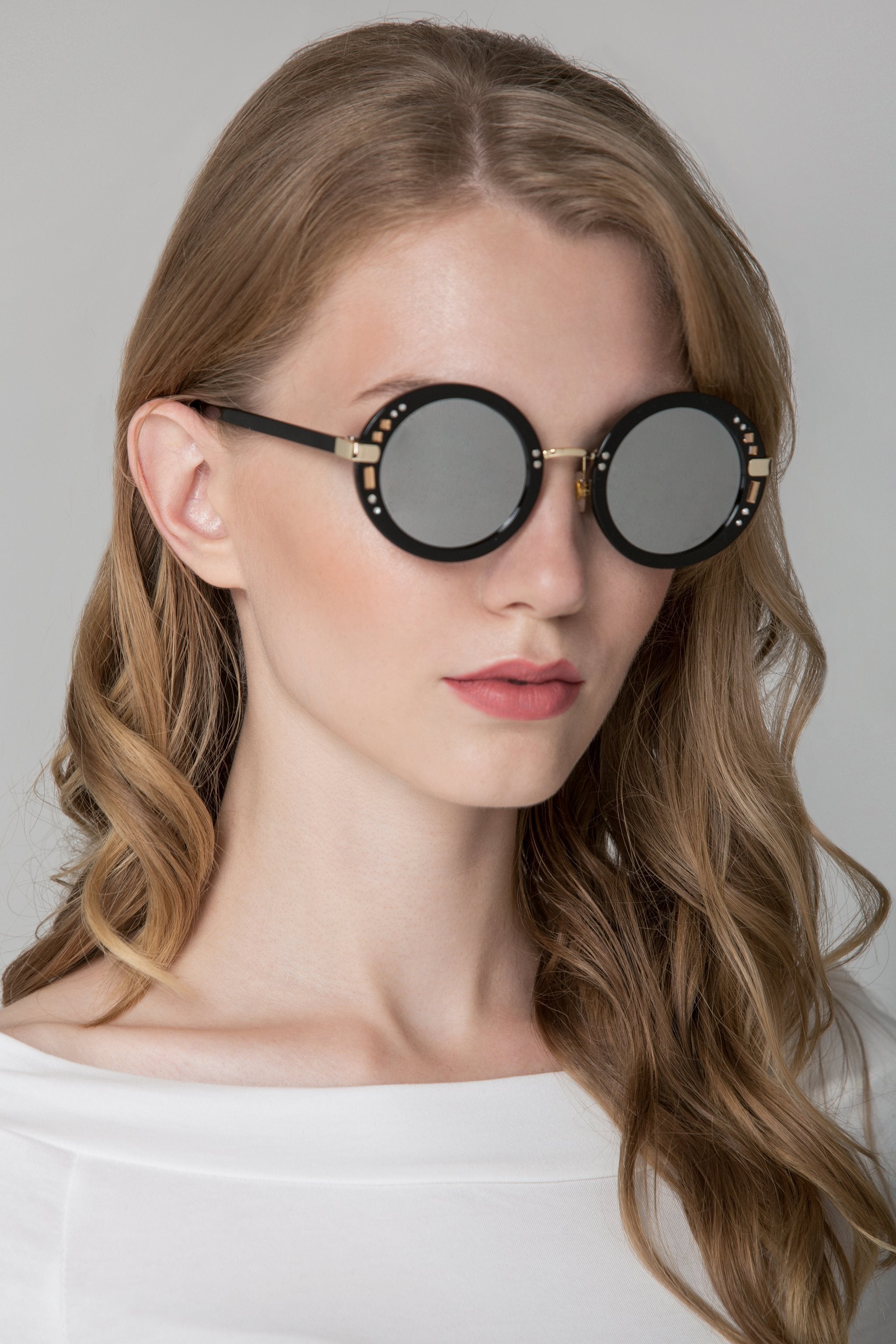 Black Round Embellished Mirror Sunglasses